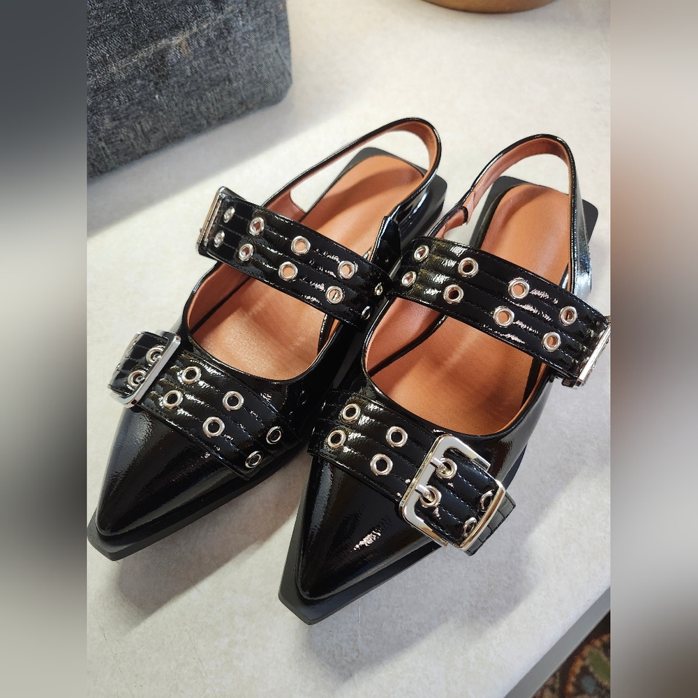 Womens Chic Black Leather Look Sling Back Flat Shoes Size 39